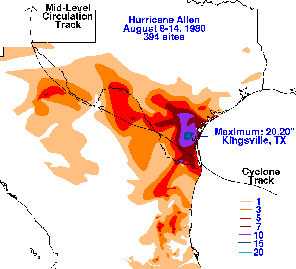 Allen (1980) Filled Contour Rainfall on Black Background