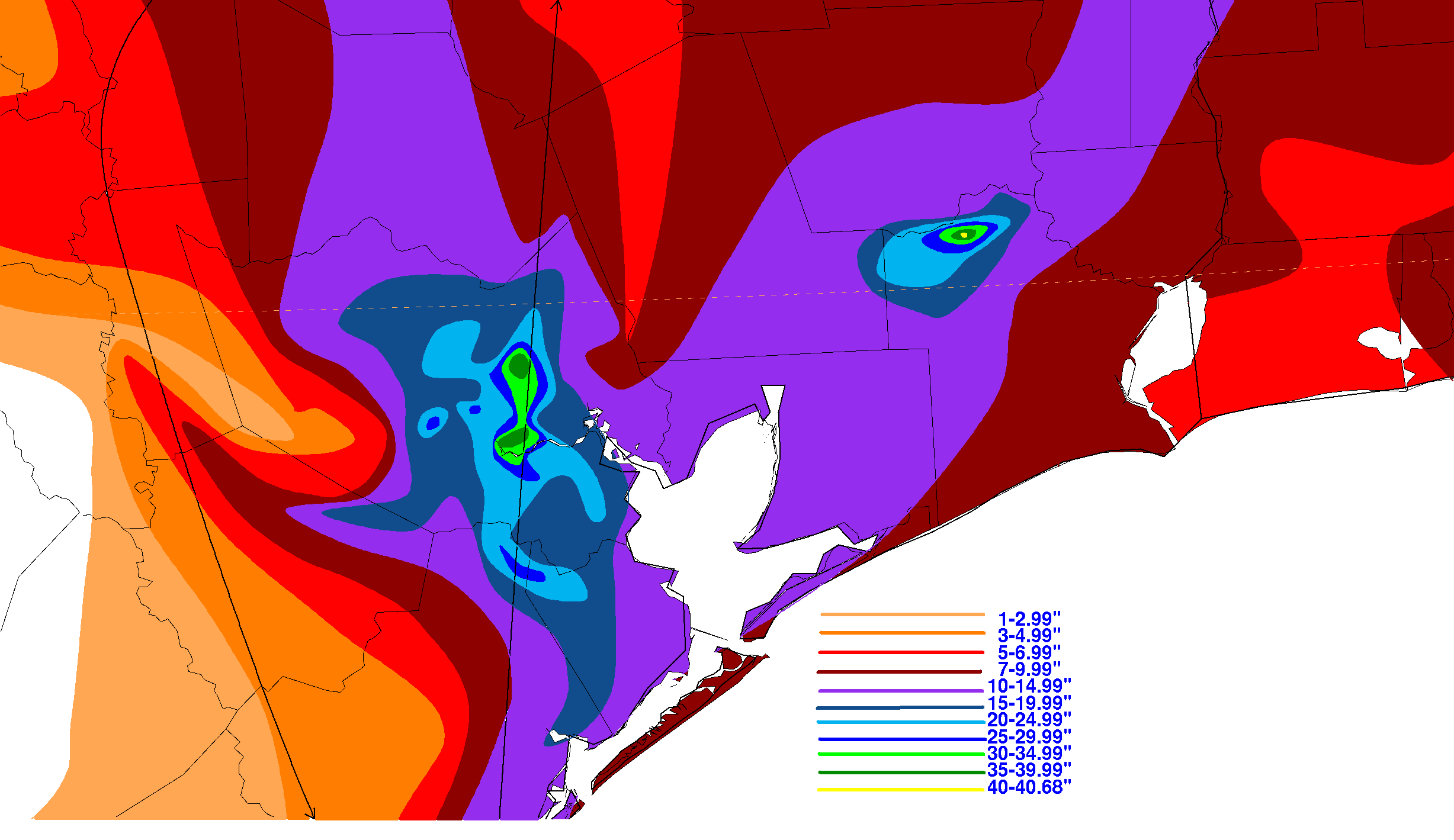 White background, filled color contour of rainfall from Allison in Southeast Texas