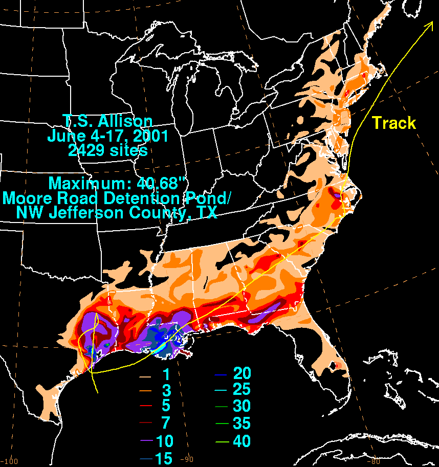 Allison (2001) Filled Contour Rainfall Graphic for the United States