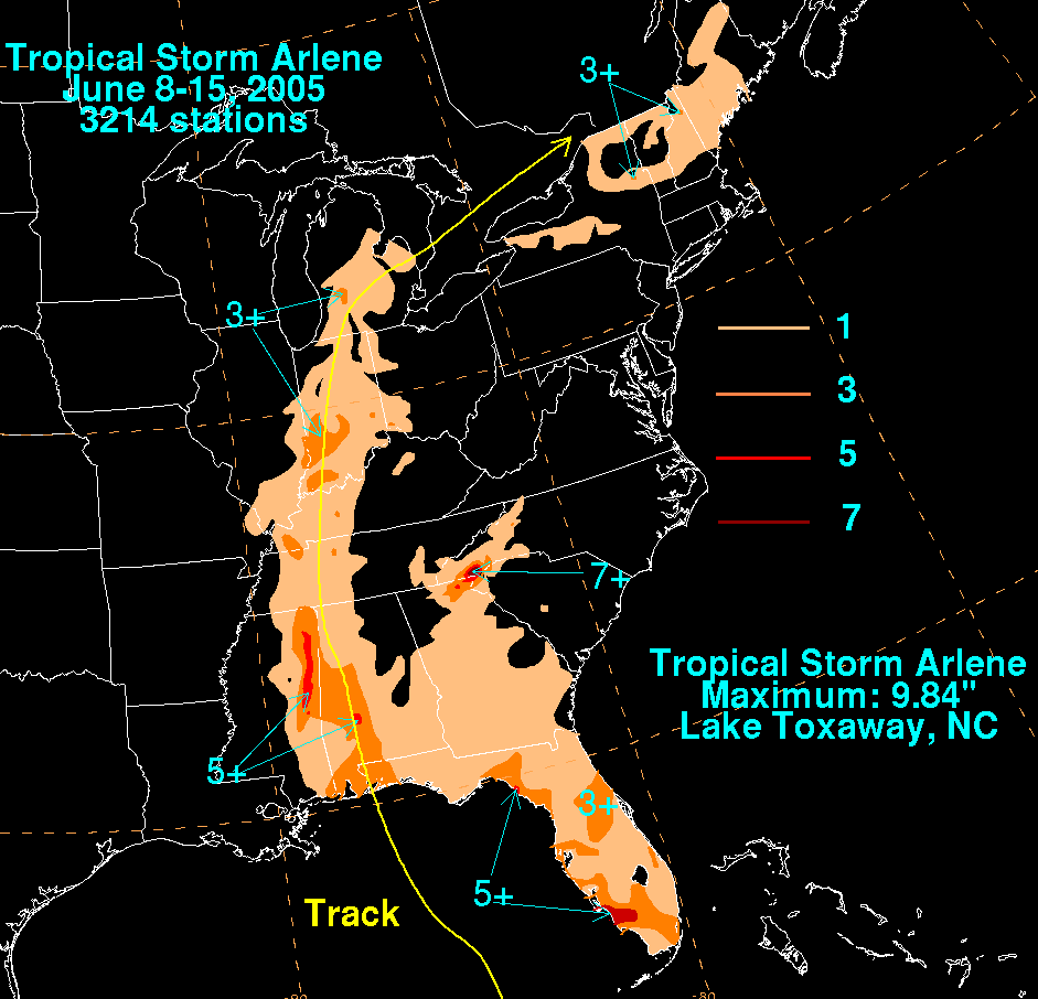 Arlene (2005) Filled Contour Rainfall