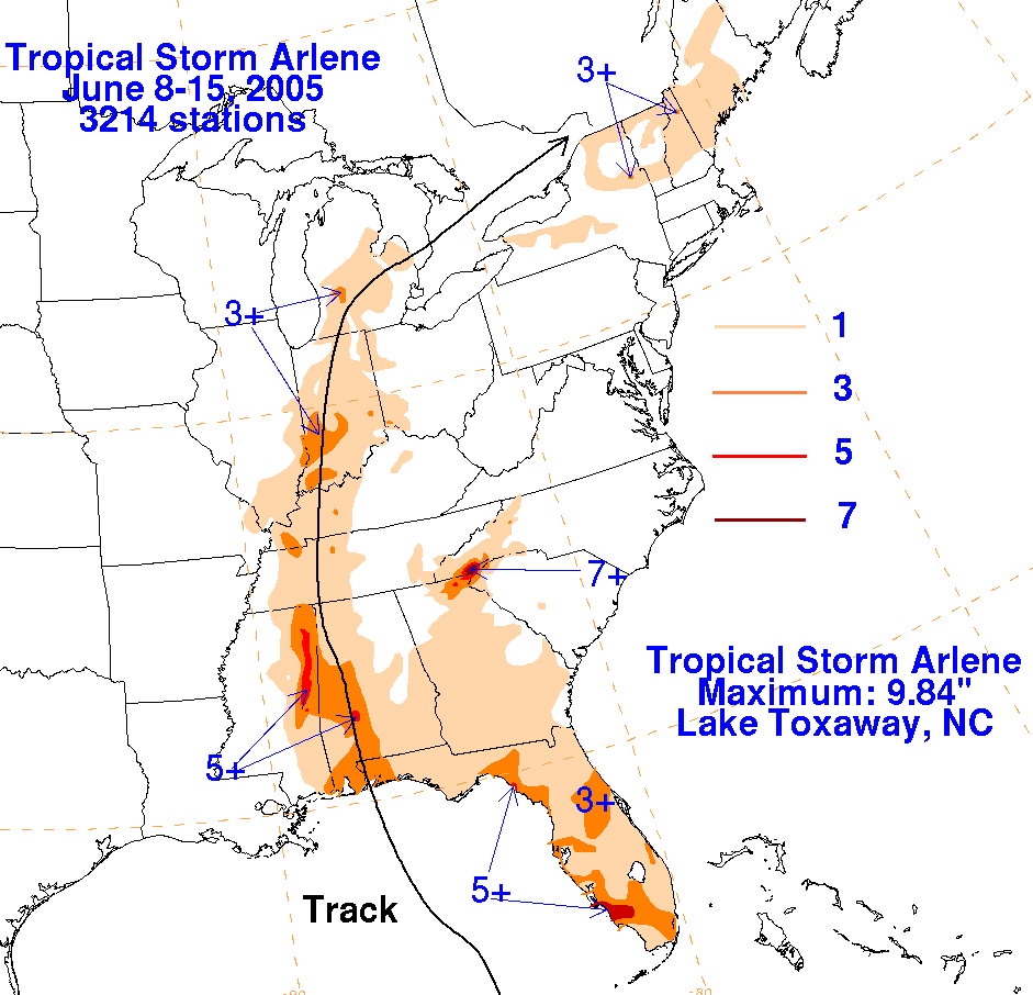 Arlene (2005) Filled Contour Rainfall on White Background