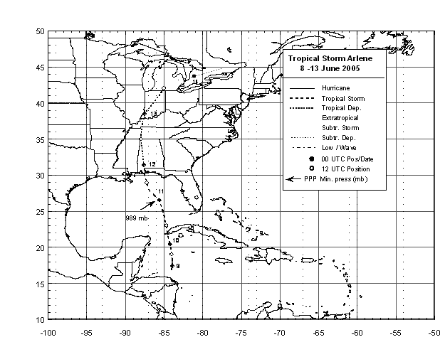 Tropical Storm Arlene (2005) track