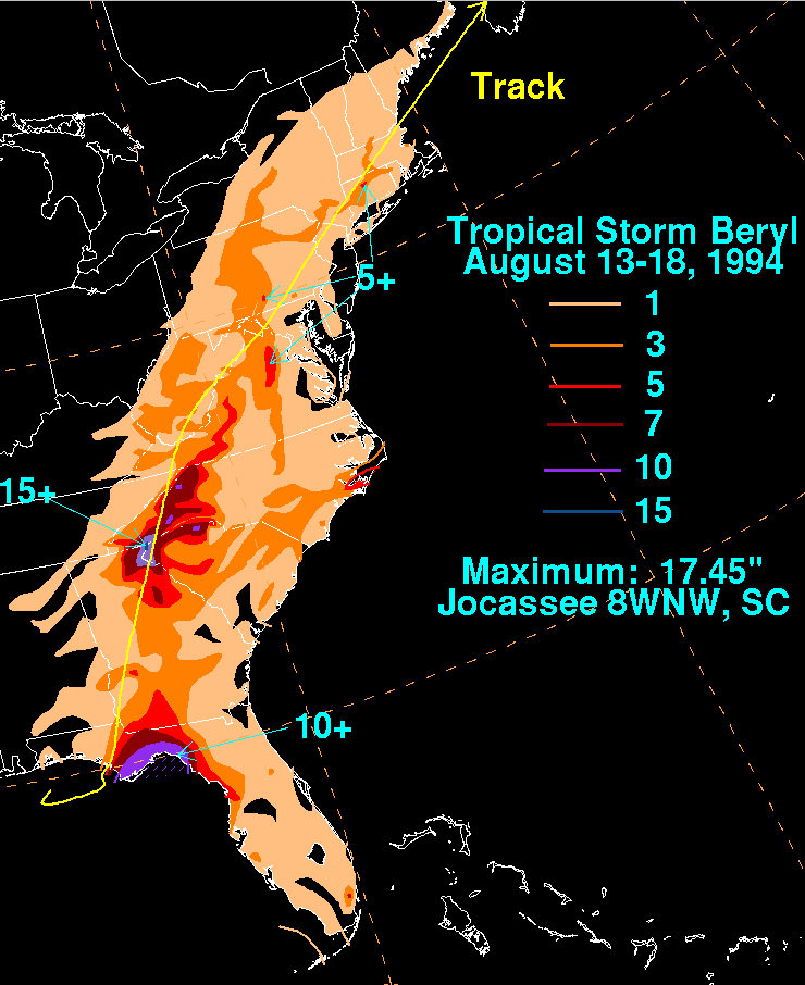 Beryl (1994) Filled Contour Rainfall