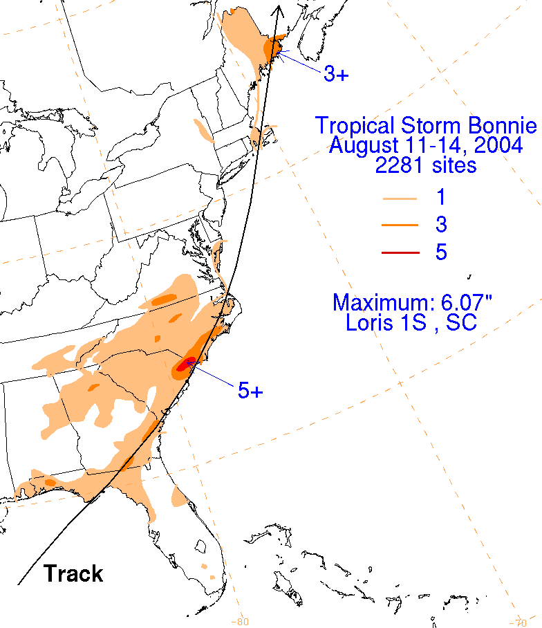 Bonnie (2004) Filled Contour Rainfall on White Background