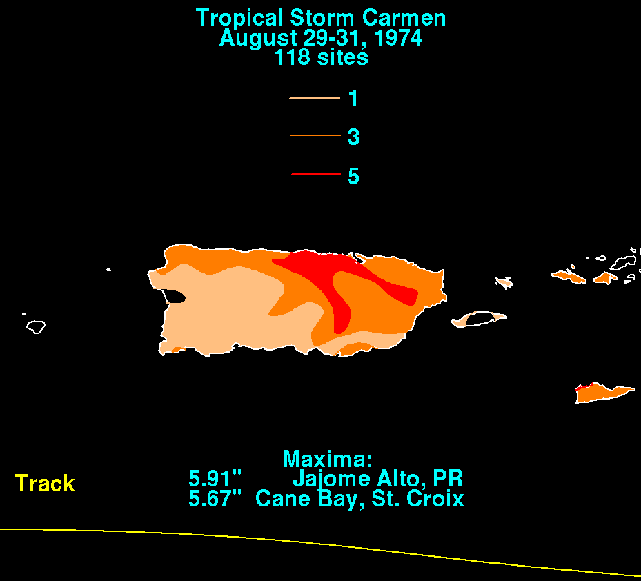 Northeast Caribbean Rainfall Totals for Carmen (1974)