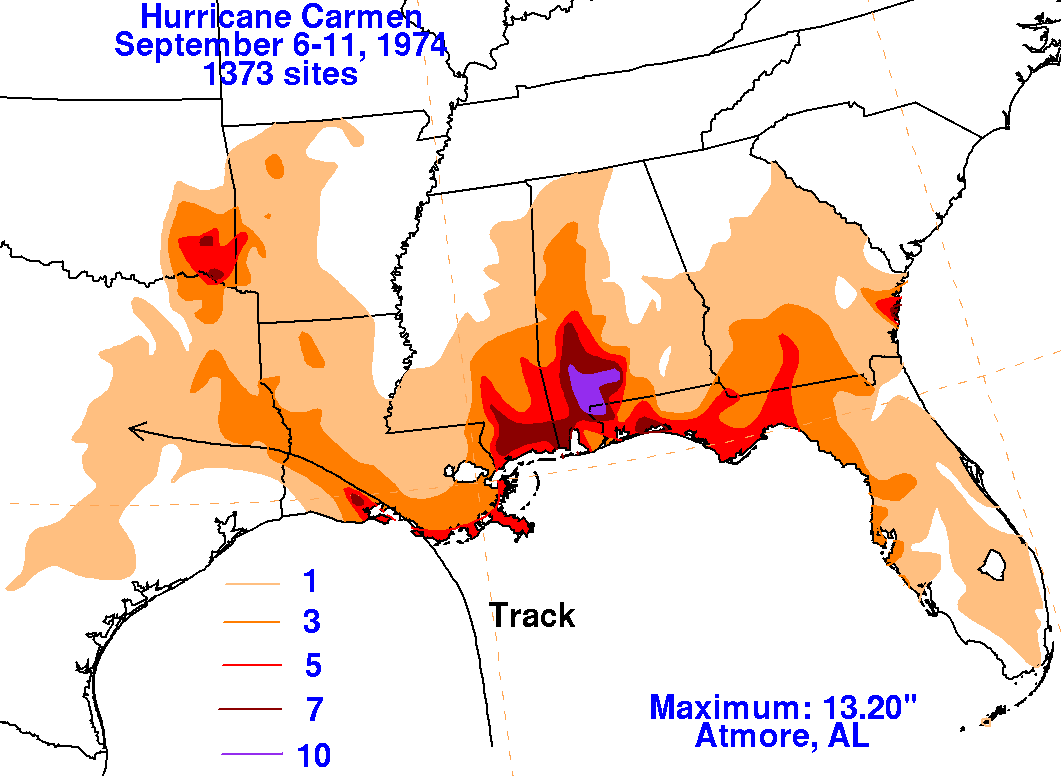 Hurricane Carmen (1974) Rainfall