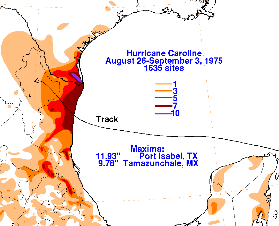 Hurricane Caroline (1975) Rainfaill