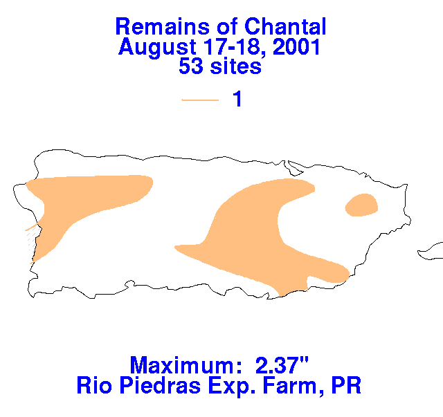 Chantal (2001) Filled Contour Rainfall on White Background