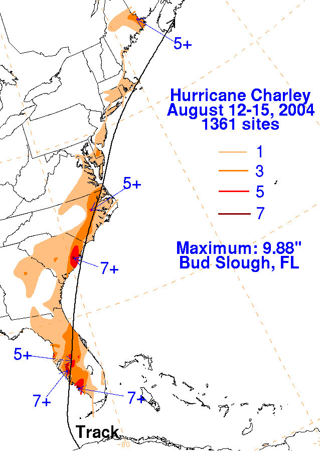 Charley (2004) Filled Contour Rainfall on White Background