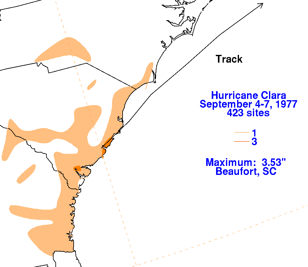 Clara (1977) Filled Contour Rainfall on White Background