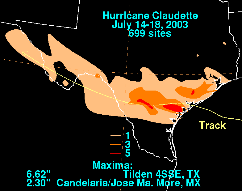 Claudette (2003) Filled Contour Rainfall