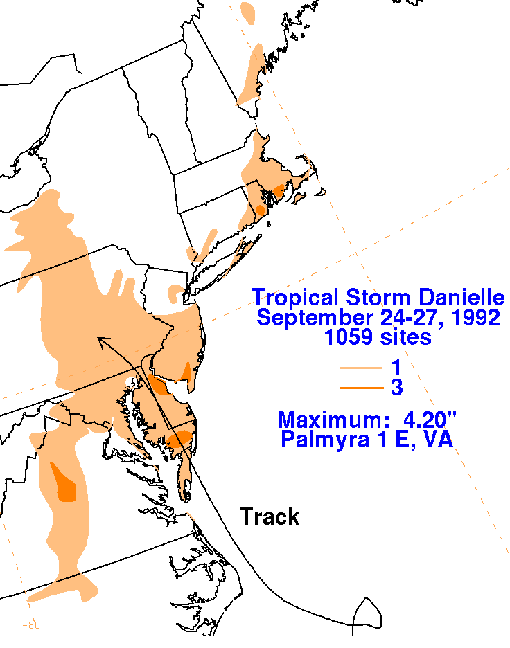 Danielle (1992) storm total rainfall