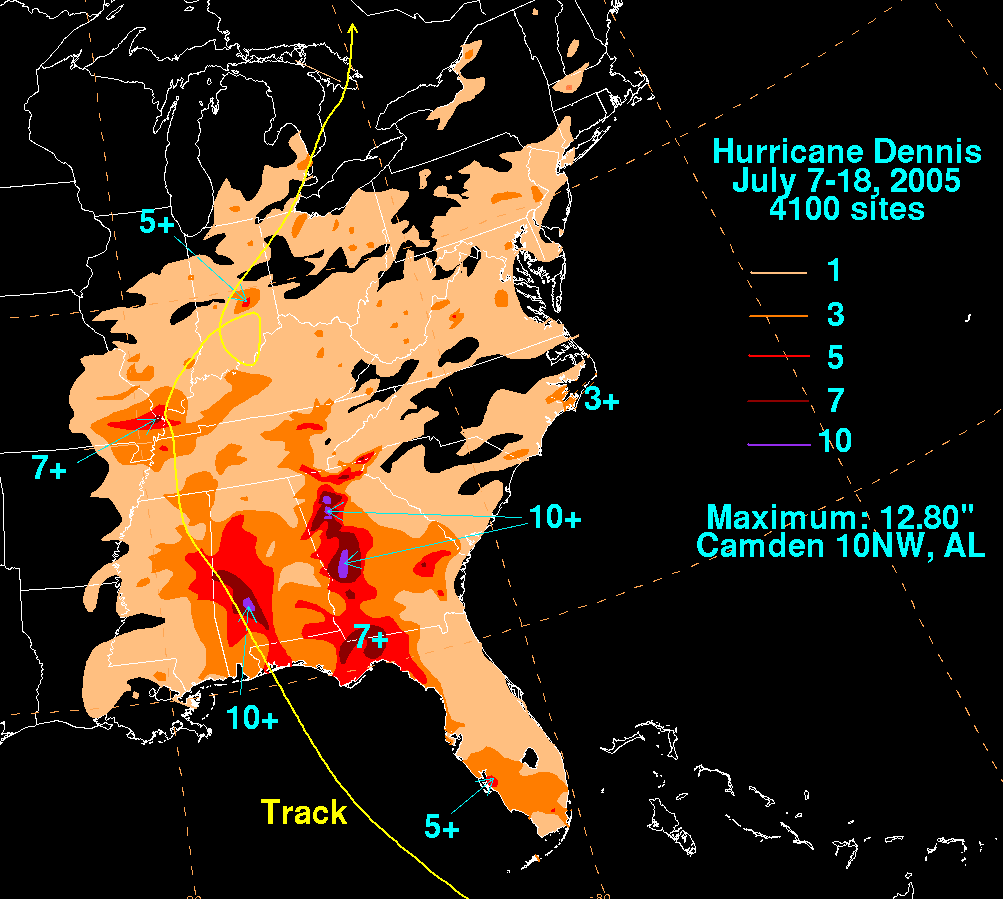 Hurricane Dennis (2005) Filled Contour Rainfall