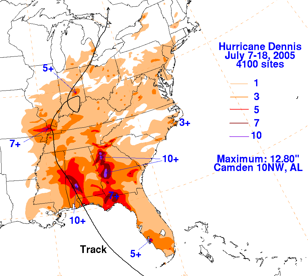 Dennis (2005) Filled Contour Rainfall on White Background