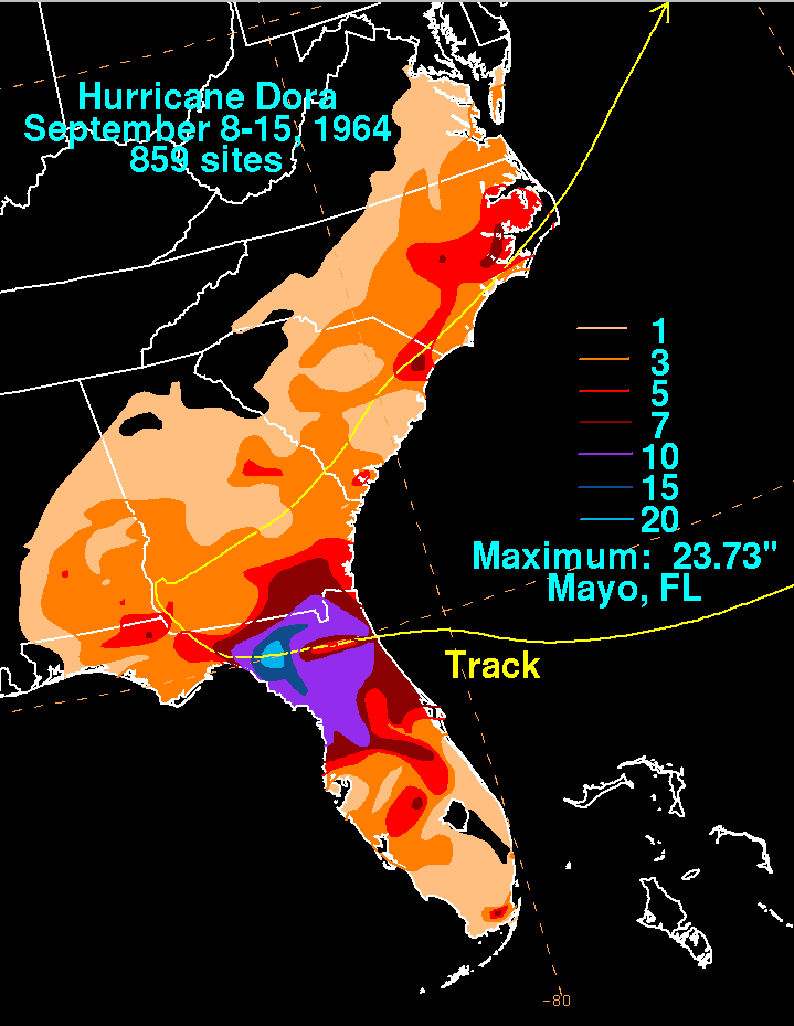 Hurricane Dora (1964) Storm Total Rainfall