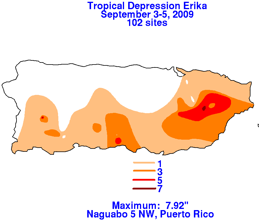 Storm Total Rainfall for Erika (2009)