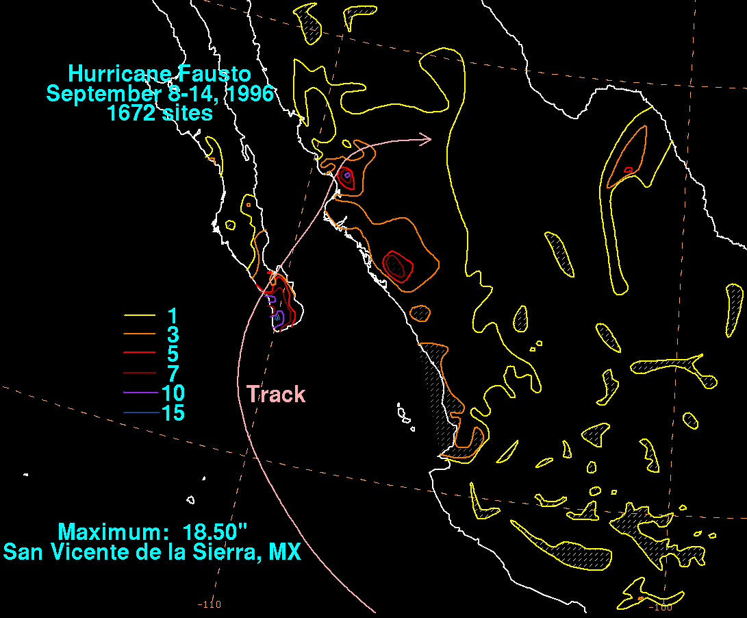 Hurricane Fausto (1996) Storm Total Rainfall