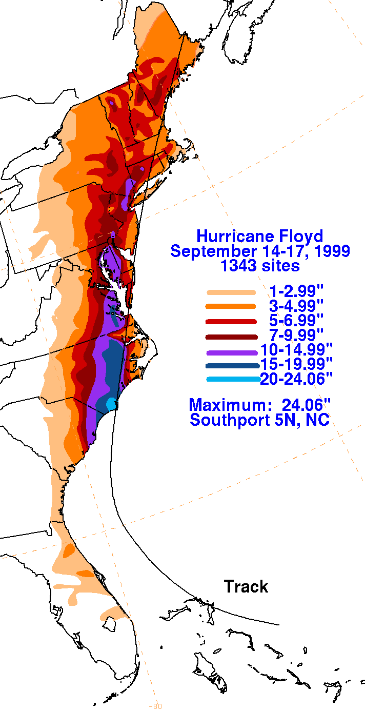 Floyd (1999) Filled Contour Rainfall on White Background