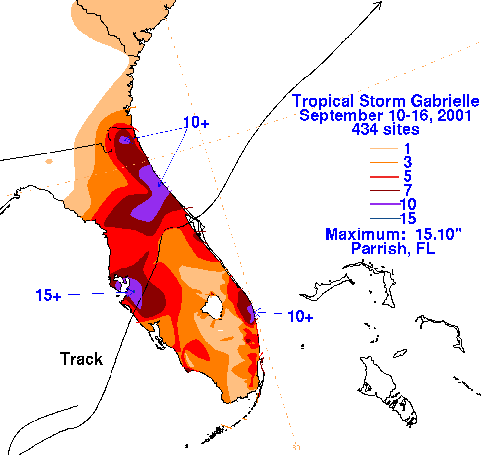 Hurricane Gabrielle (2001) Filled Contour Rainfall on White Background