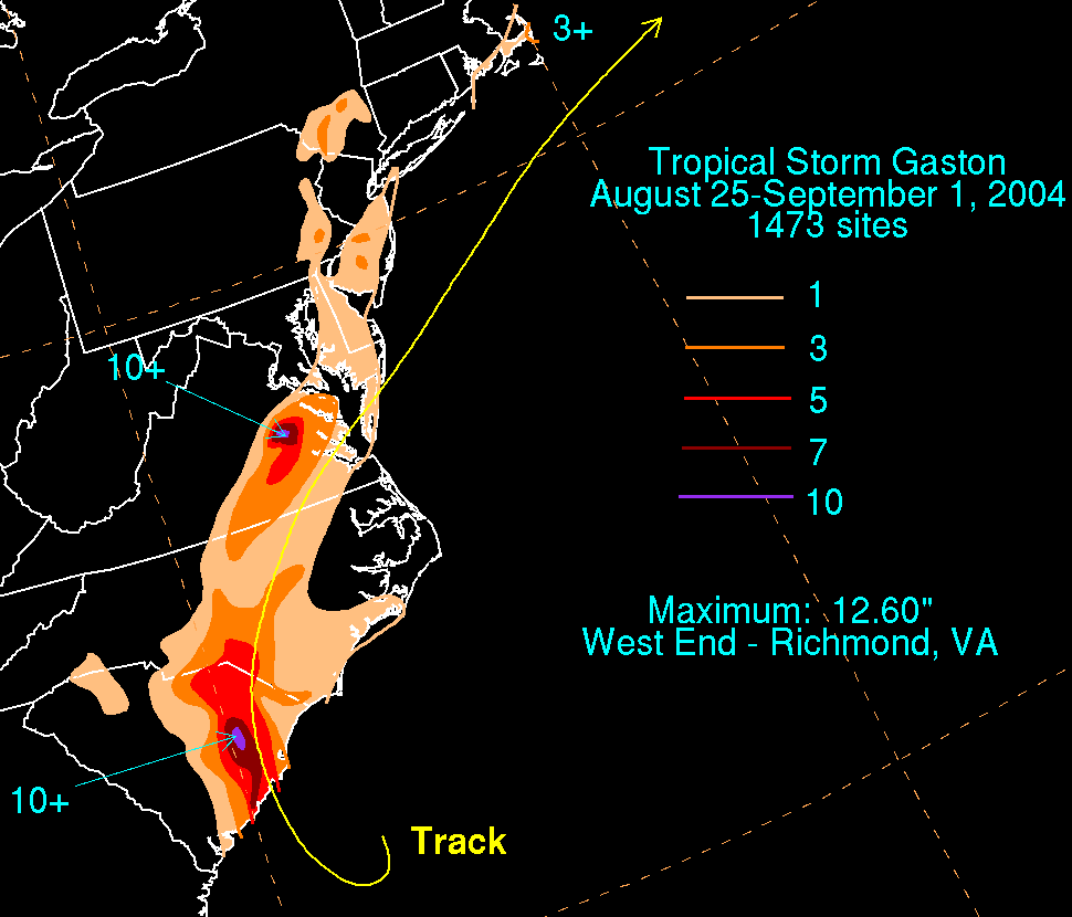 Gaston (2004) Filled Contour Rainfall on Black Background
