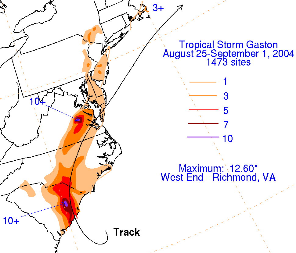 Gaston (2004) Filled Contour Rainfall on White Background