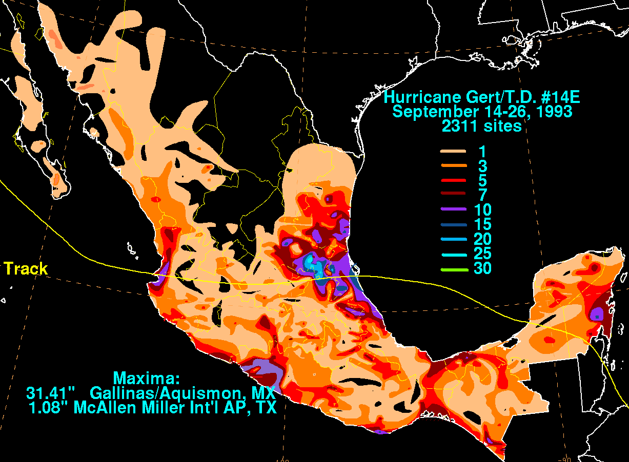 Gert (1993) Storm Total Rainfall - Filled Contour on Black Background
