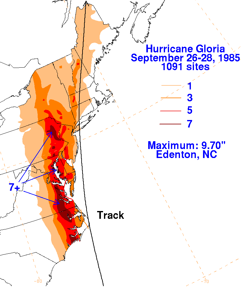 Gloria (1985) Filled Contour Rainfall