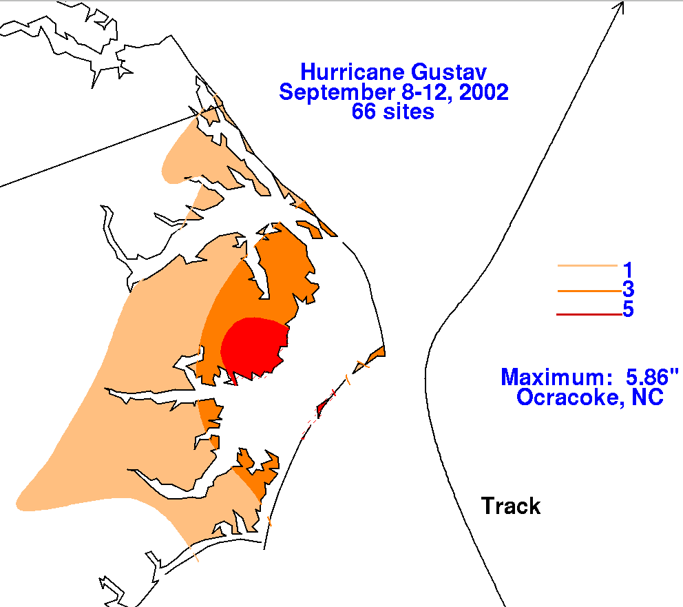 Gustav (2002) Filled Contour Rainfall on White Background