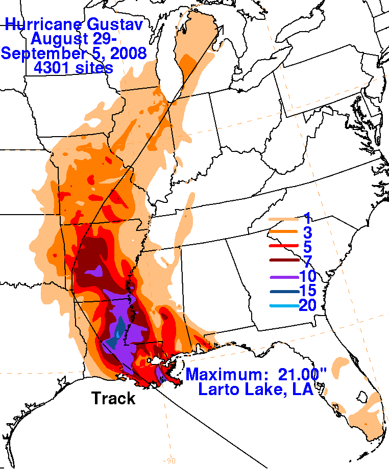 Storm Total Rainfall for Gustav (2008)