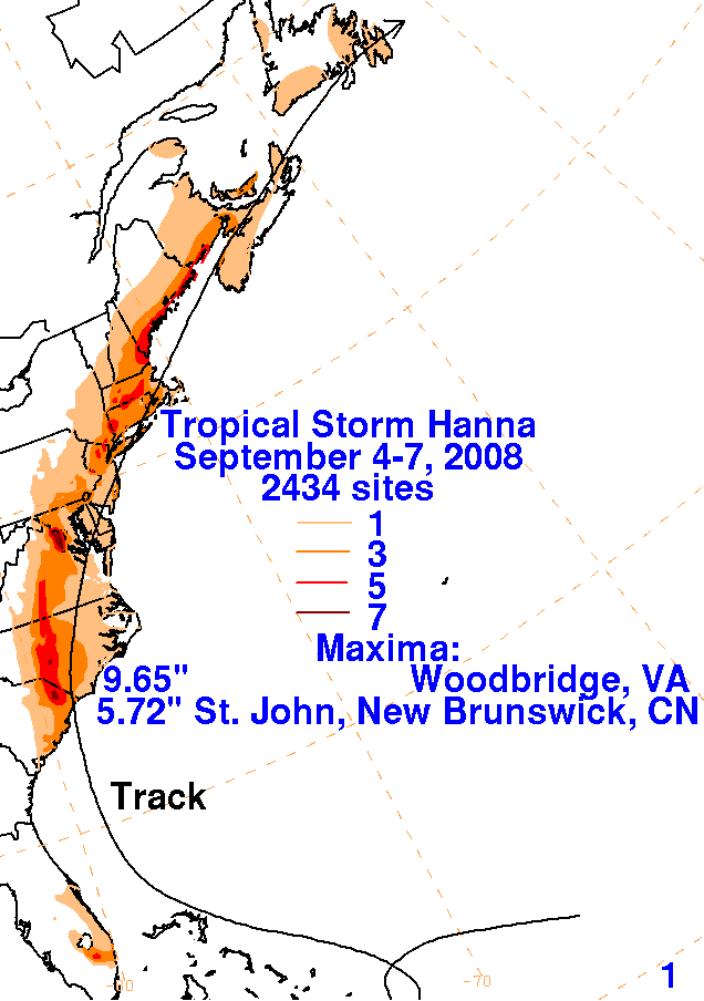 Storm Total Rainfall for Hanna (2008)