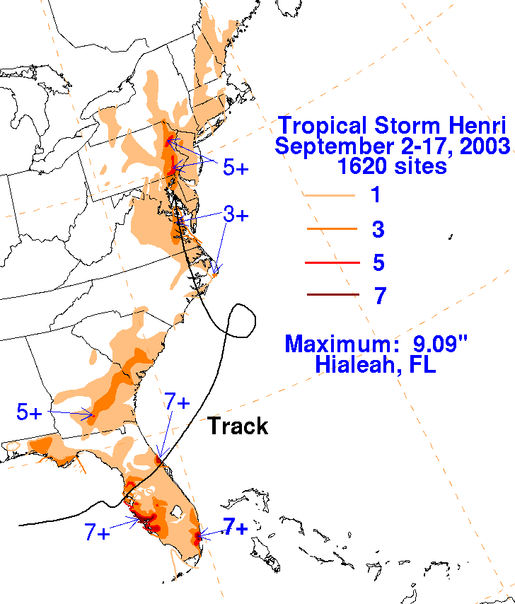 Henri (2003) Filled Contour Rainfall on White Background