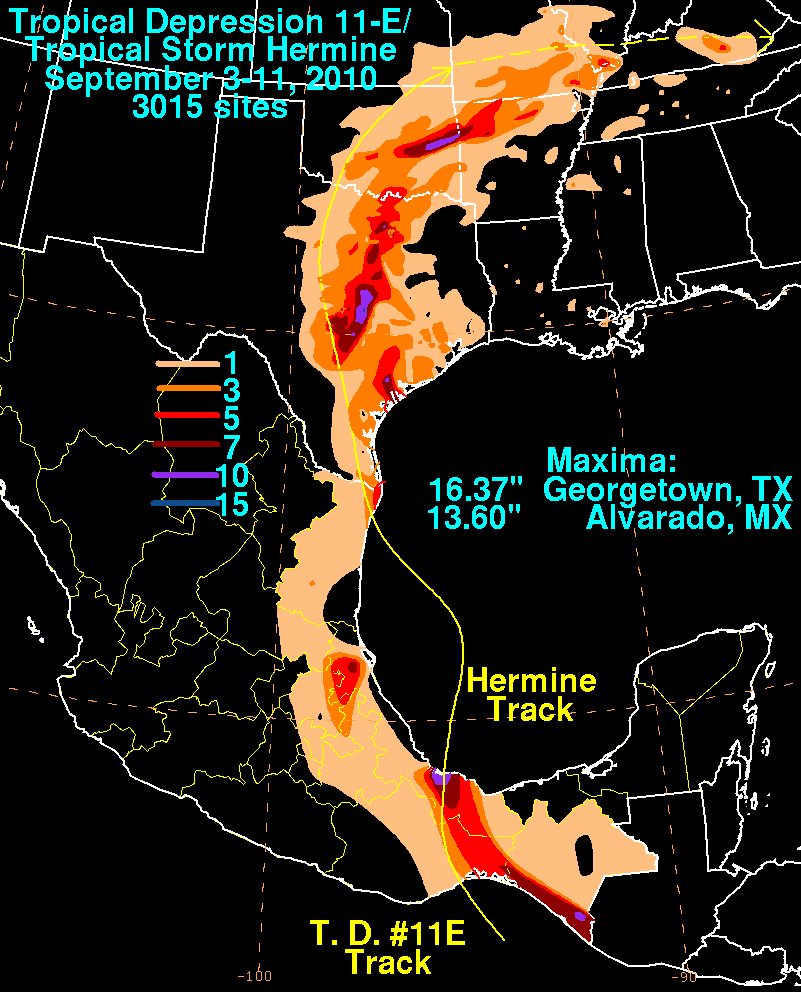 Storm Total Rainfall for T. D. 11E/Hermine (2010)