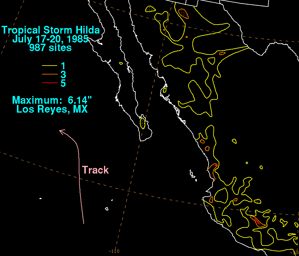 Storm Total Rainfall for Hilda (1985)