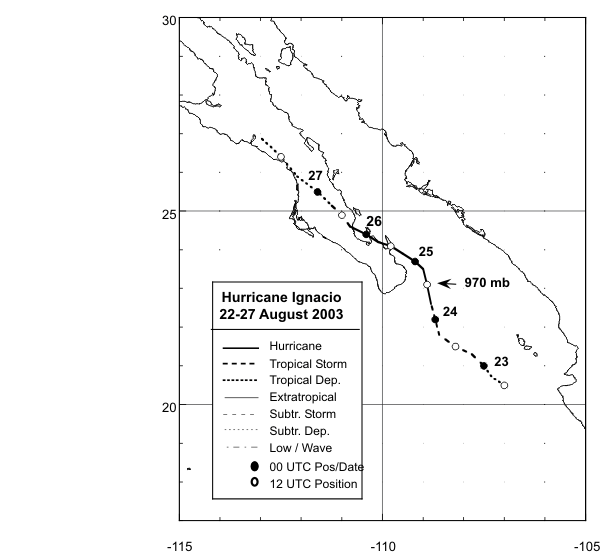 Mexico: Hurricane Ignacio Storm Location Map (August 25, 2003, 8 AM PDT Monday) - Mexico