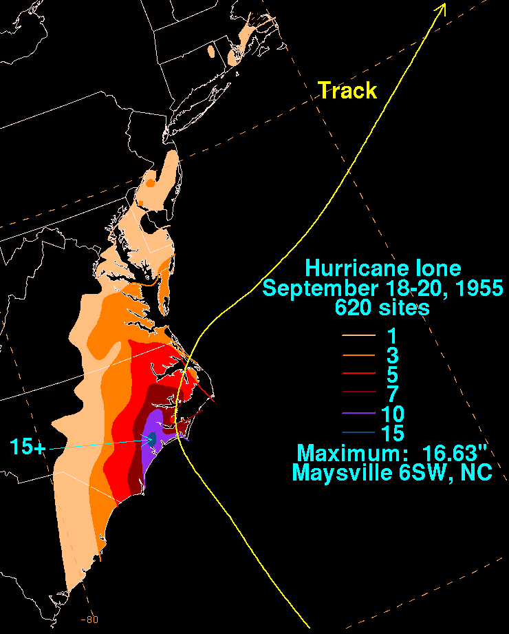 Hurricane Ione (1955) Filled Contour Rainfall