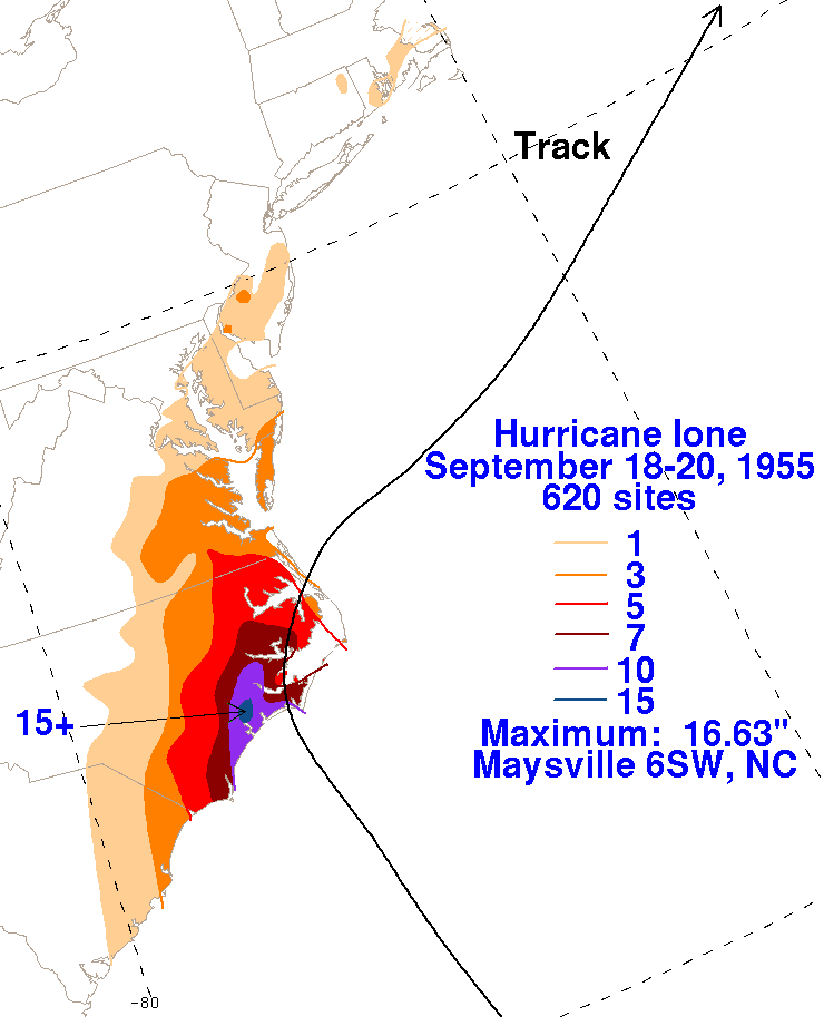 Hurricane Ione (1955) Filled Contour Rainfall on White Background