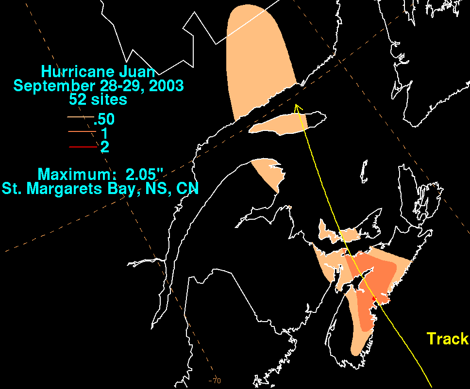 Hurricane Juan (2003) Rainfall Filled Contour on Black Background