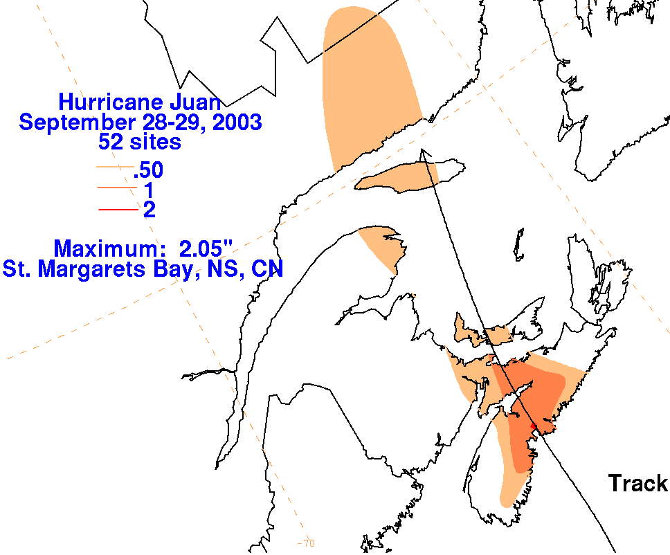 Hurricane Juan (2003) Rainfall Filled Contour on White Background