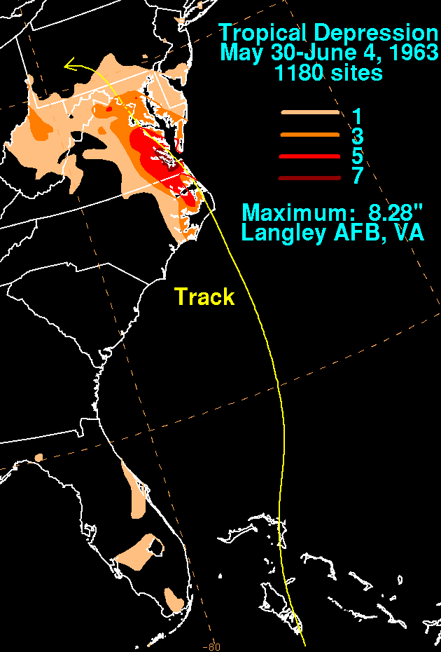 June Tropical Depression (1963) Storm Total Rainfall