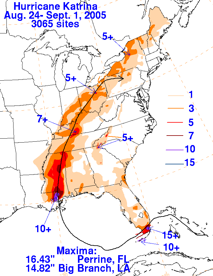 Katrina (2005) Filled Contour Rainfall on White Background