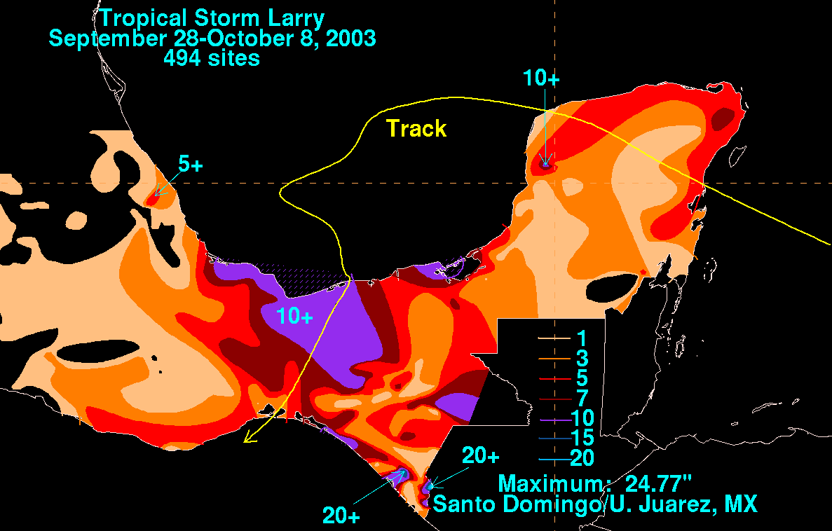 Larry (2003) Rainfall with Filled Contours