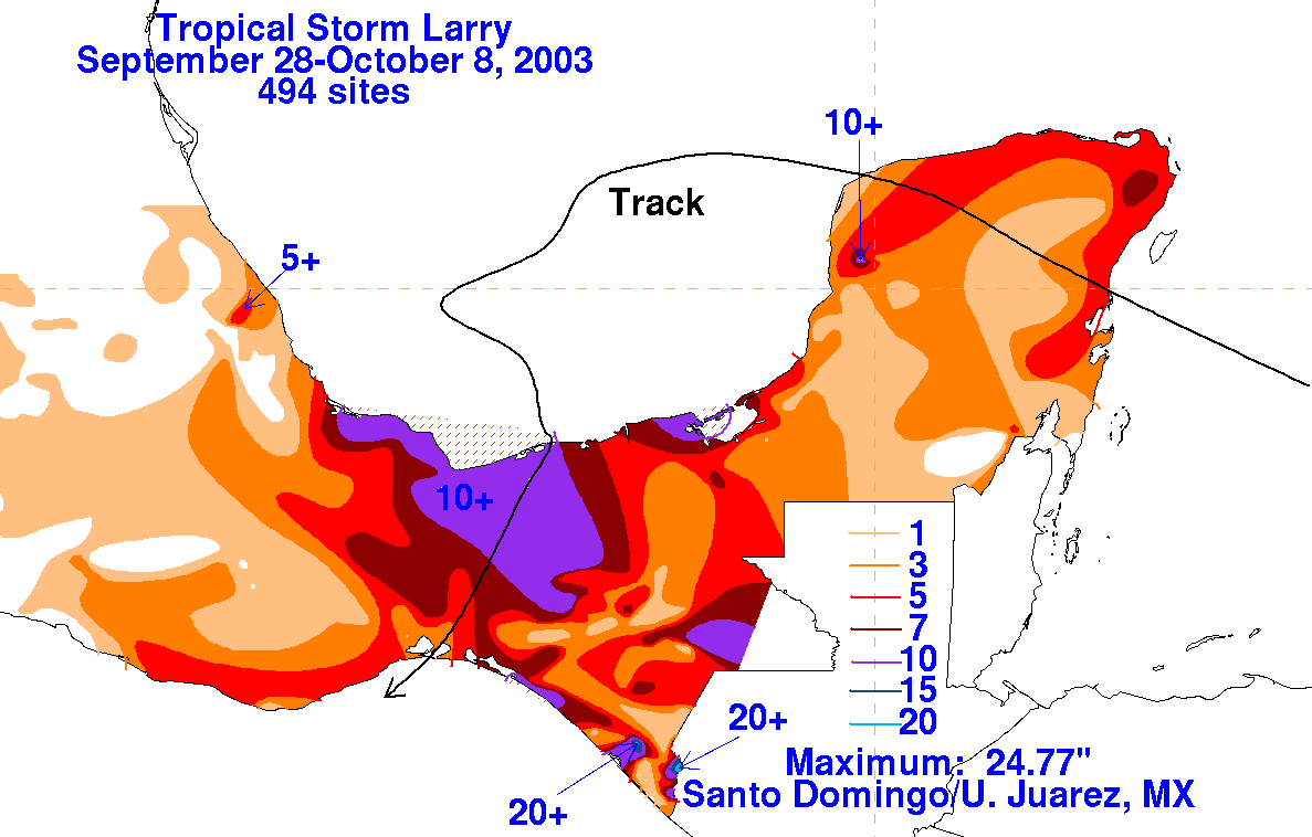 Larry (2003) Filled Rainfall Contours on White Background