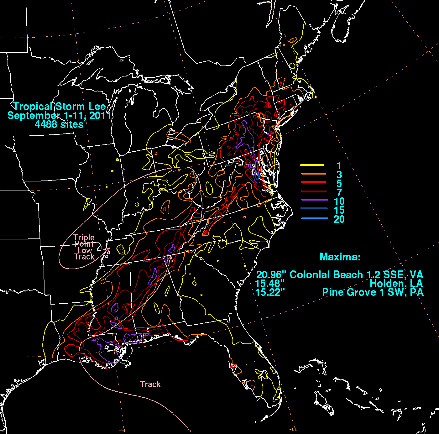 Storm Total Rainfall for Tropical Storm Lee (2011)