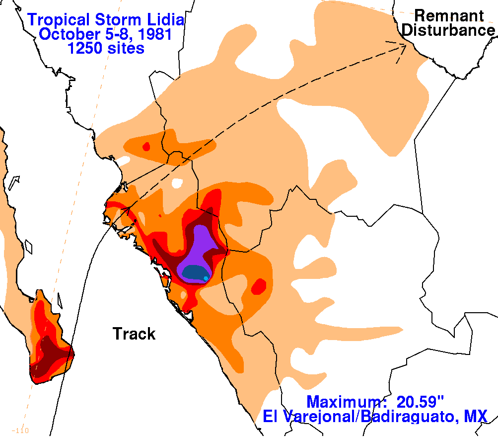 Storm Total Rainfall for Lidia (1981)