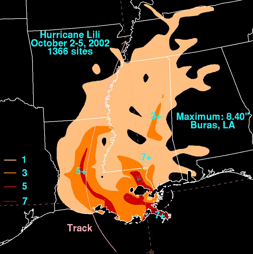Hurricane Lili (2002) Contour Rainfall on black background