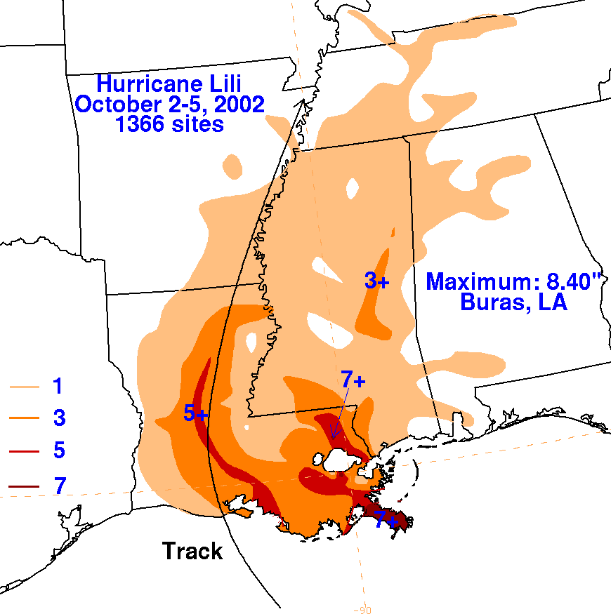 Hurricane Lili (2002) Filled Contour Rainfall on a White Background