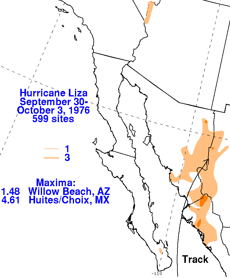Hurricane Liza (1976) Storm Total Rainfall
