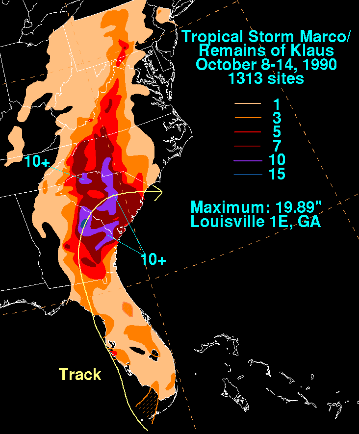 Marco/Klaus (1990) Filled Contour Rainfall