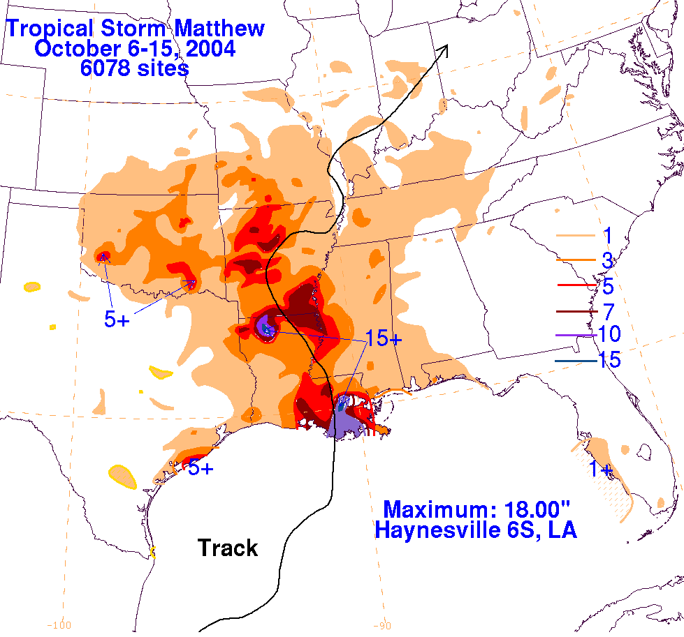 Matthew (2004) Filled Contour Rainfall on White Background