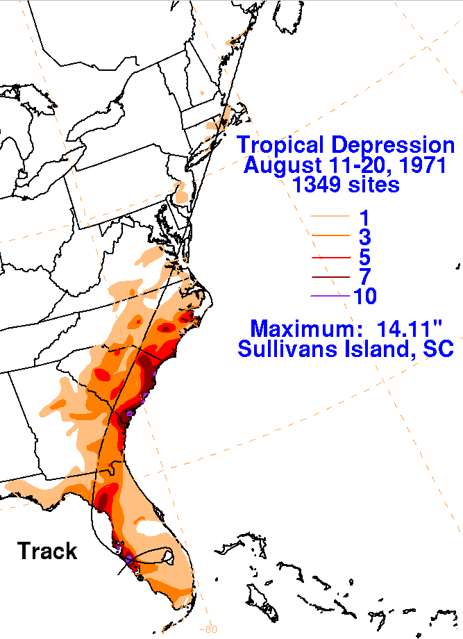 Mid August 1971 Tropical Depression Storm Total